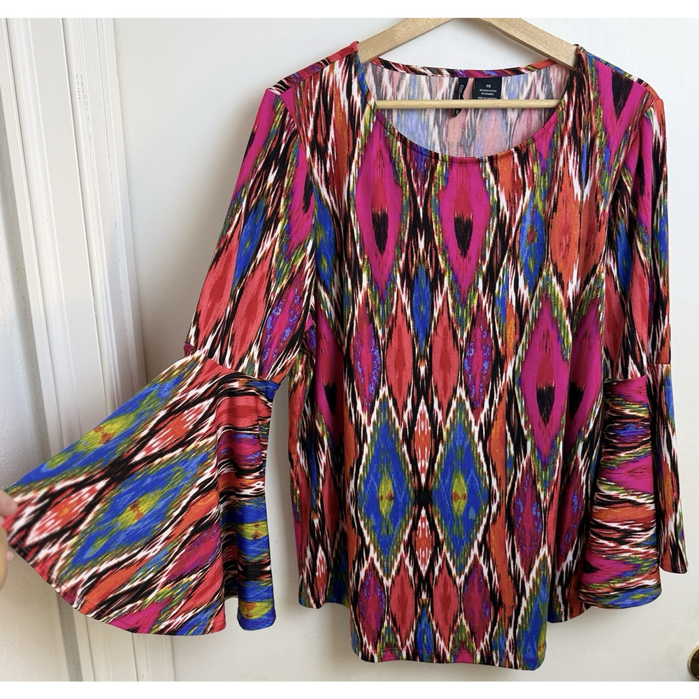 Womens Colorful Geometric Print Bell Sleeve Top 70's Retro Flowy Fairy Hippie 1X